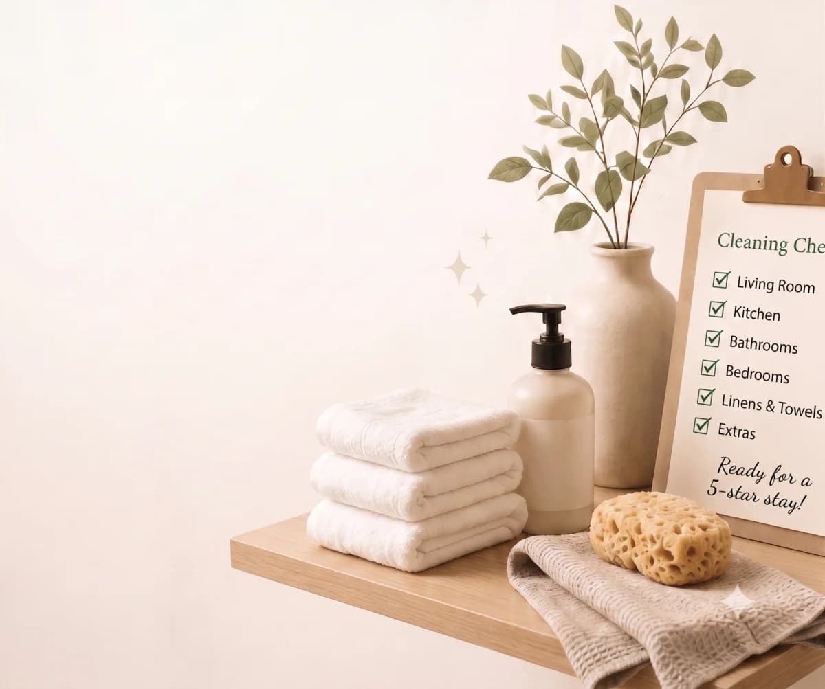 Folded towels, hand soap, a plant and a cleaning checklist on a clipboard