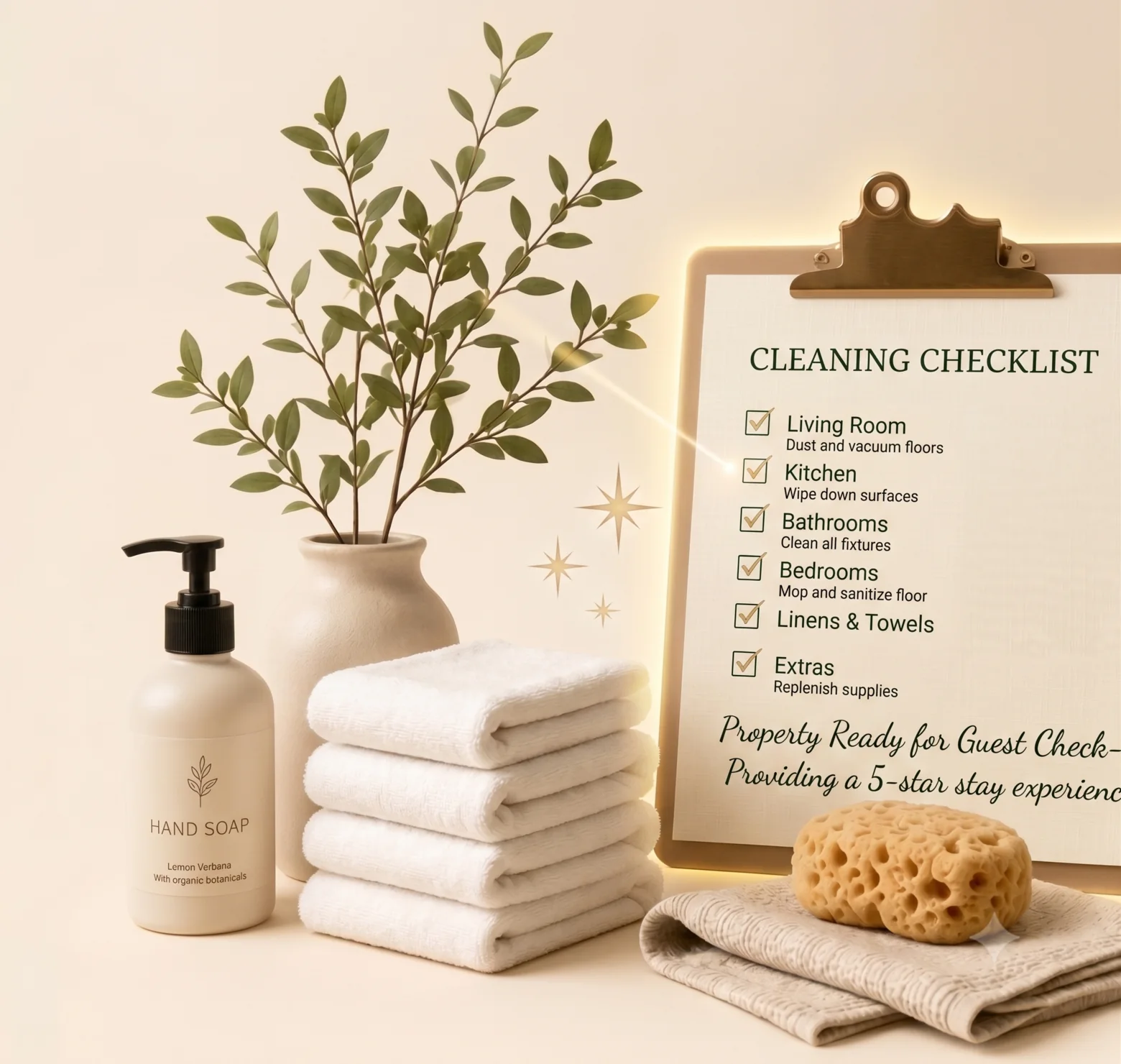 Folded towels, hand soap, a plant and a cleaning checklist on a clipboard